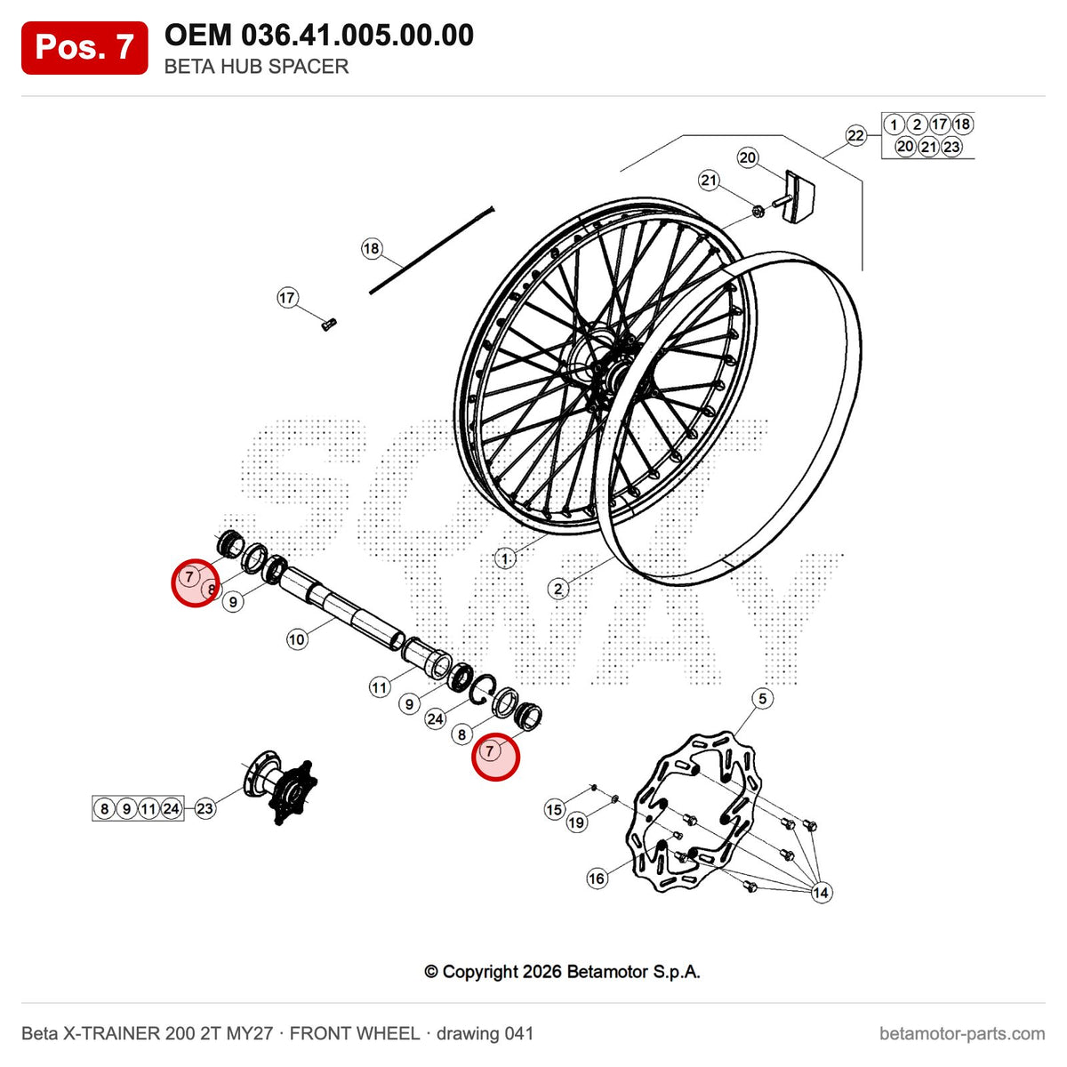 BETA HUB SPACER – OEM 036.41.005.00.00, position 7 on the Beta X-TRAINER 200 2T MY27 front wheel drawing