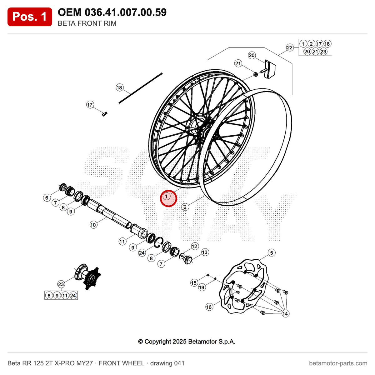 BETA FRONT RIM – OEM 036.41.007.00.59, position 1 on the Beta RR 125 2T X-PRO MY27 front wheel drawing