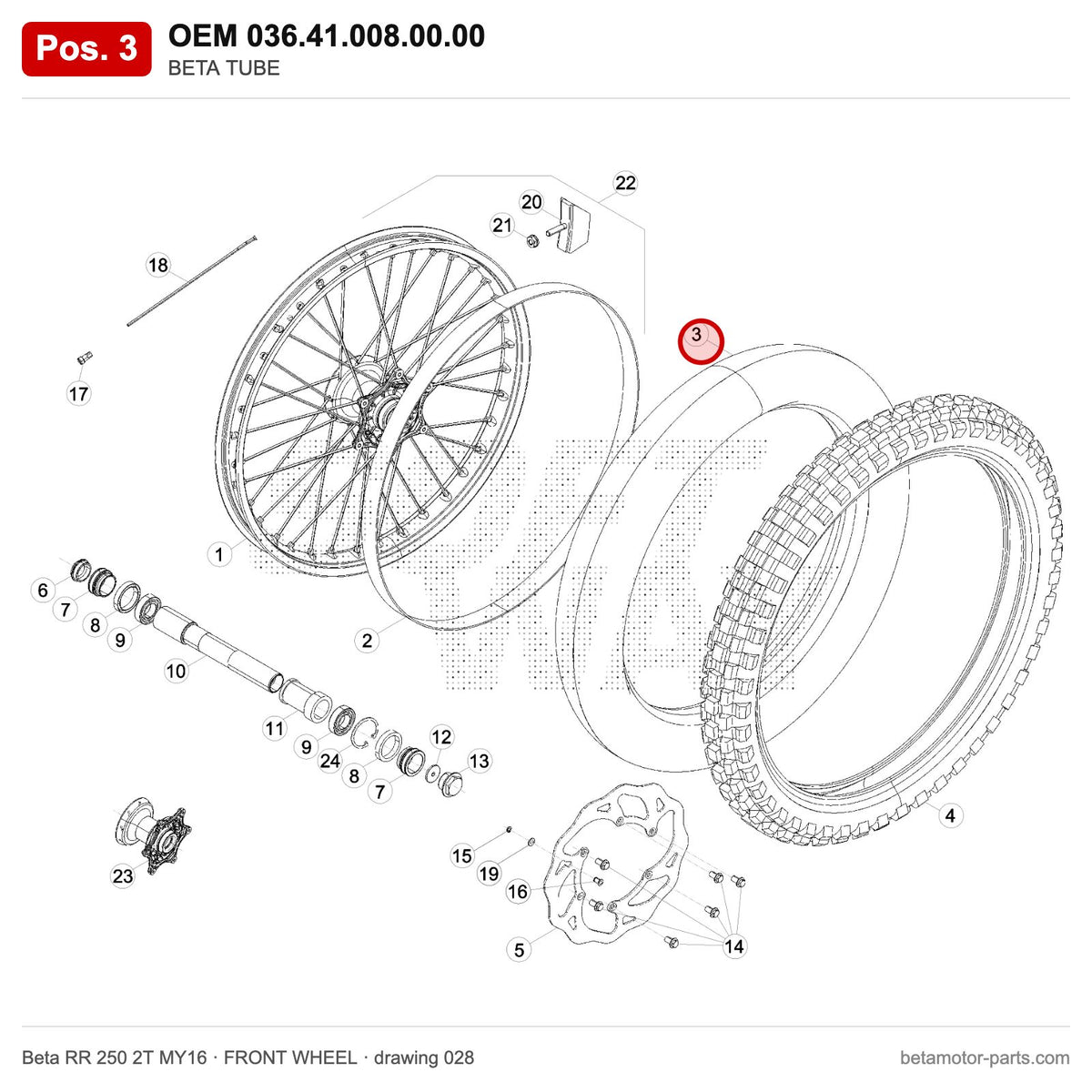 BETA TUBE – OEM 036.41.008.00.00, position 3 on the Beta RR 250 2T MY16 front wheel drawing