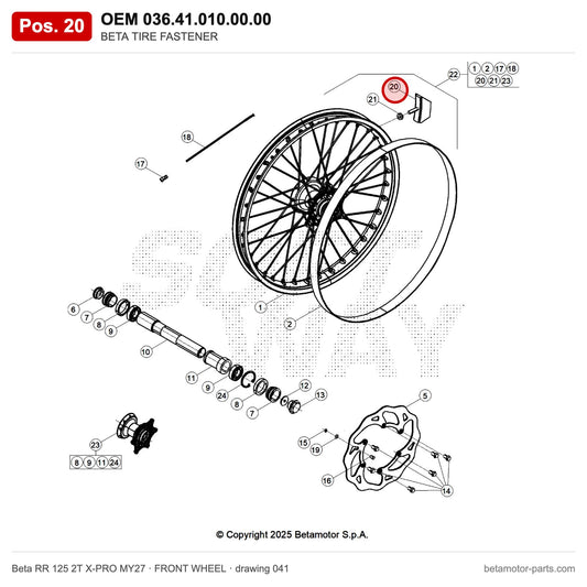 BETA TIRE FASTENER – OEM 036.41.010.00.00, position 20 on the Beta RR 125 2T X-PRO MY27 front wheel drawing