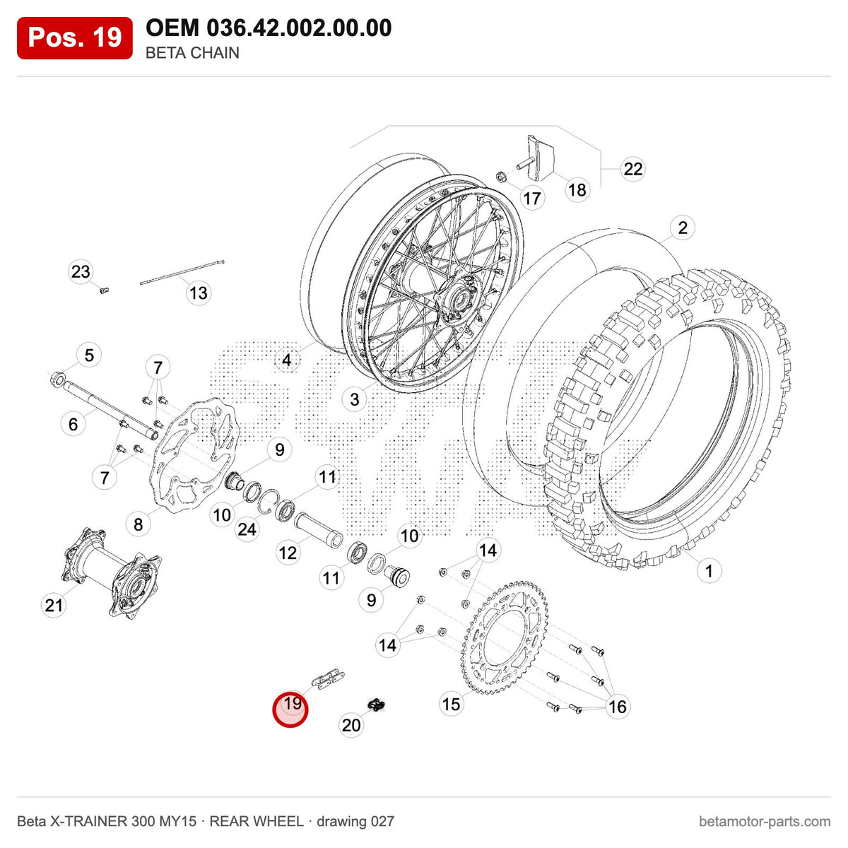 BETA CHAIN – OEM 036.42.002.00.00, position 19 on the Beta X-TRAINER 300 MY15 rear wheel drawing