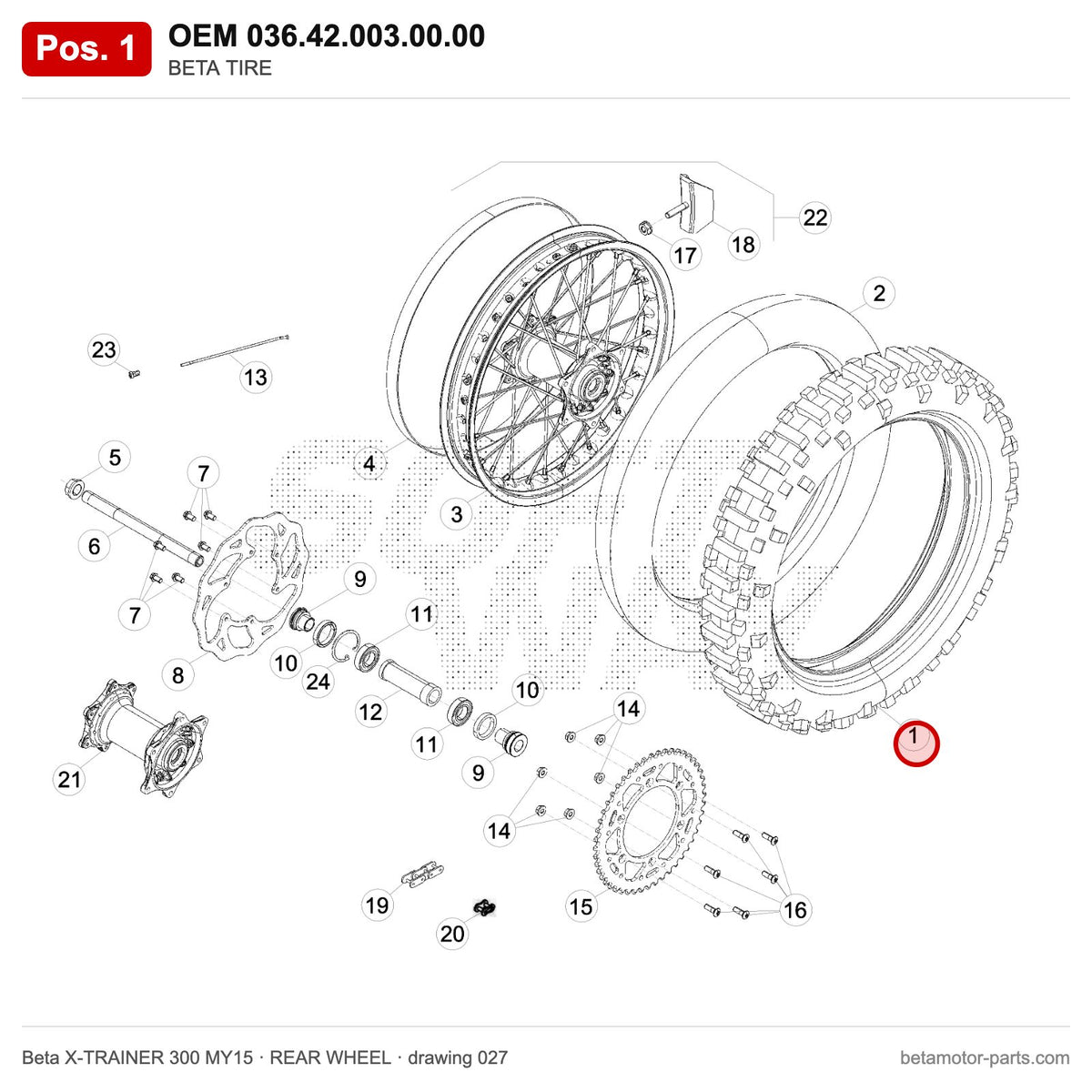 BETA TIRE – OEM 036.42.003.00.00, position 1 on the Beta X-TRAINER 300 MY15 rear wheel drawing