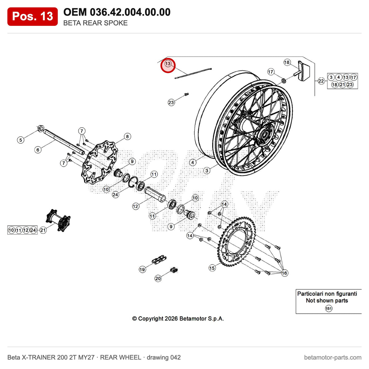 BETA REAR SPOKE – OEM 036.42.004.00.00, position 13 on the Beta X-TRAINER 200 2T MY27 rear wheel drawing