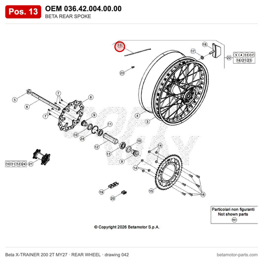 BETA REAR SPOKE – OEM 036.42.004.00.00, position 13 on the Beta X-TRAINER 200 2T MY27 rear wheel drawing