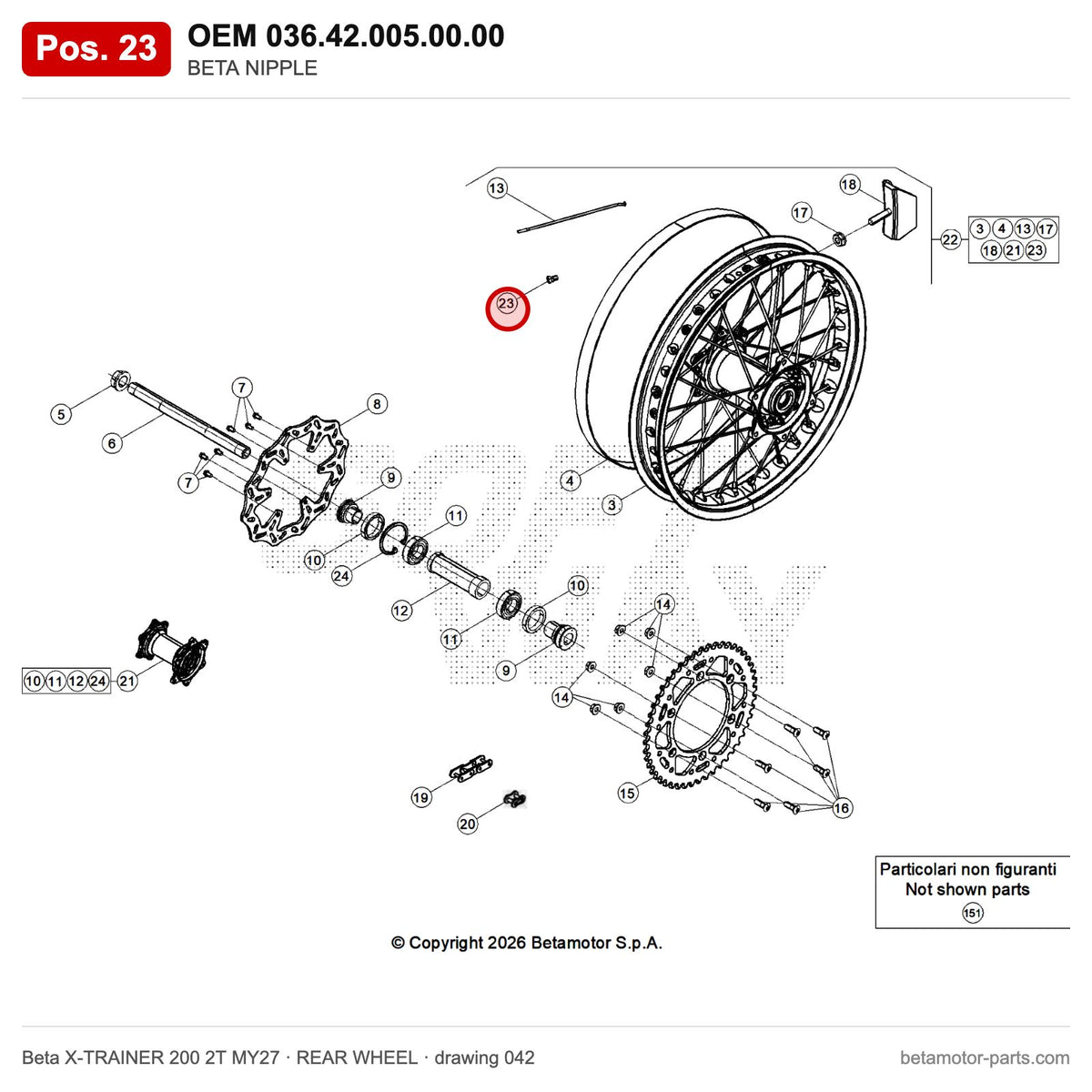 BETA NIPPLE – OEM 036.42.005.00.00, position 23 on the Beta X-TRAINER 200 2T MY27 rear wheel drawing
