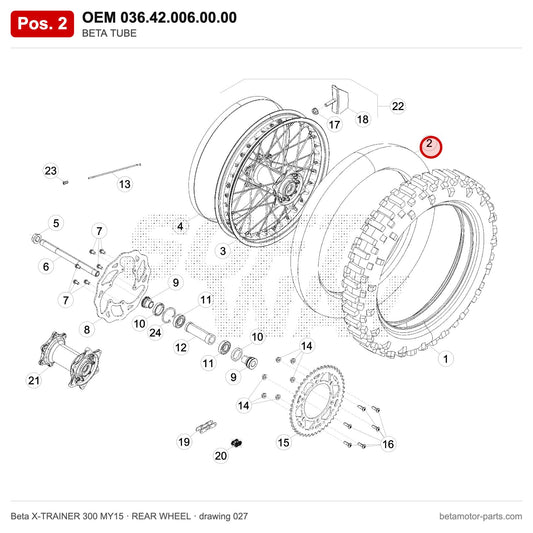 BETA TUBE – OEM 036.42.006.00.00, position 2 on the Beta X-TRAINER 300 MY15 rear wheel drawing