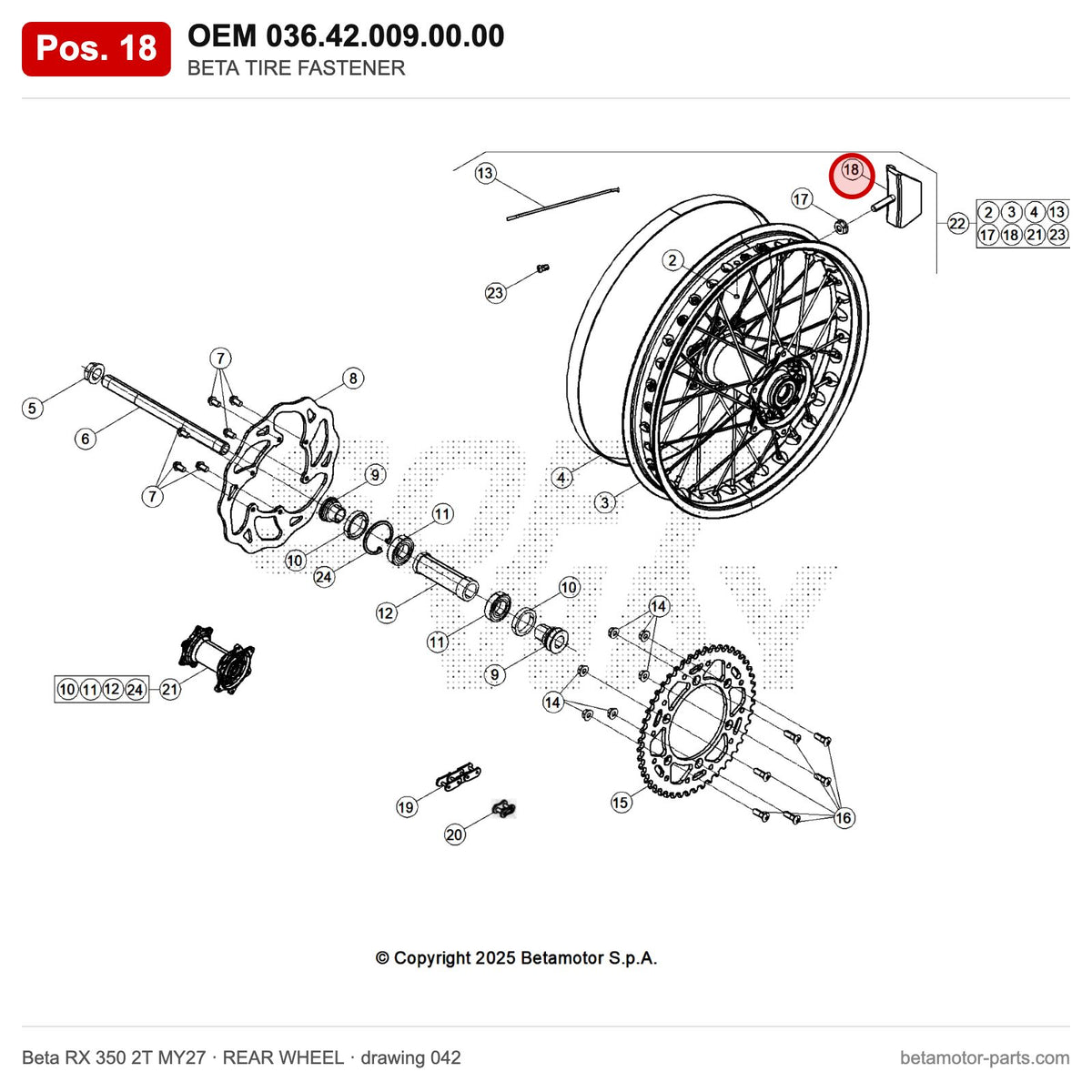 BETA TIRE FASTENER – OEM 036.42.009.00.00, position 18 on the Beta RX 350 2T MY27 rear wheel drawing