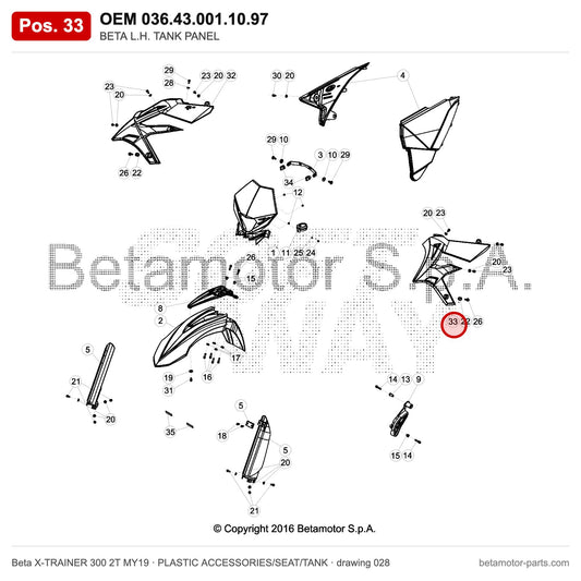 BETA L.H. TANK PANEL – OEM 036.43.001.10.97, position 33 on the Beta X-TRAINER 300 2T MY19 plastic accessories/seat/tank drawing