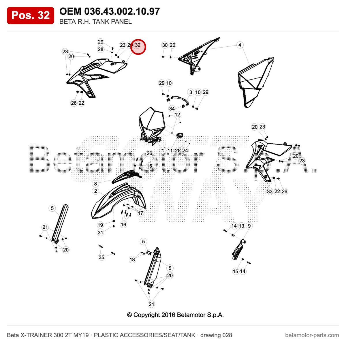 BETA R.H. TANK PANEL – OEM 036.43.002.10.97, position 32 on the Beta X-TRAINER 300 2T MY19 plastic accessories/seat/tank drawing