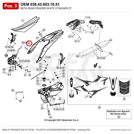 BETA REAR FENDER WHITE XTRAINER 2T – OEM 036.43.003.10.51, position 3 on the Beta X-TRAINER 250 2T MY22 plastic accessories/seat/tank drawing
