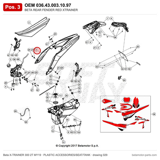 BETA REAR FENDER RED XTRAINER – OEM 036.43.003.10.97, position 3 on the Beta X-TRAINER 300 2T MY19 plastic accessories/seat/tank drawing