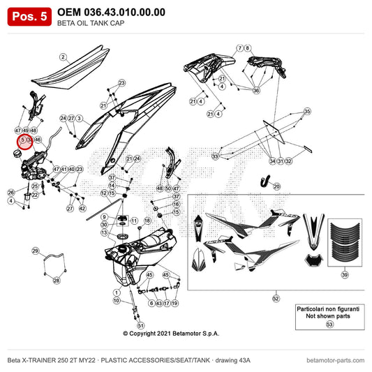 BETA OIL TANK CAP – OEM 036.43.010.00.00, position 5 on the Beta X-TRAINER 250 2T MY22 plastic accessories/seat/tank drawing
