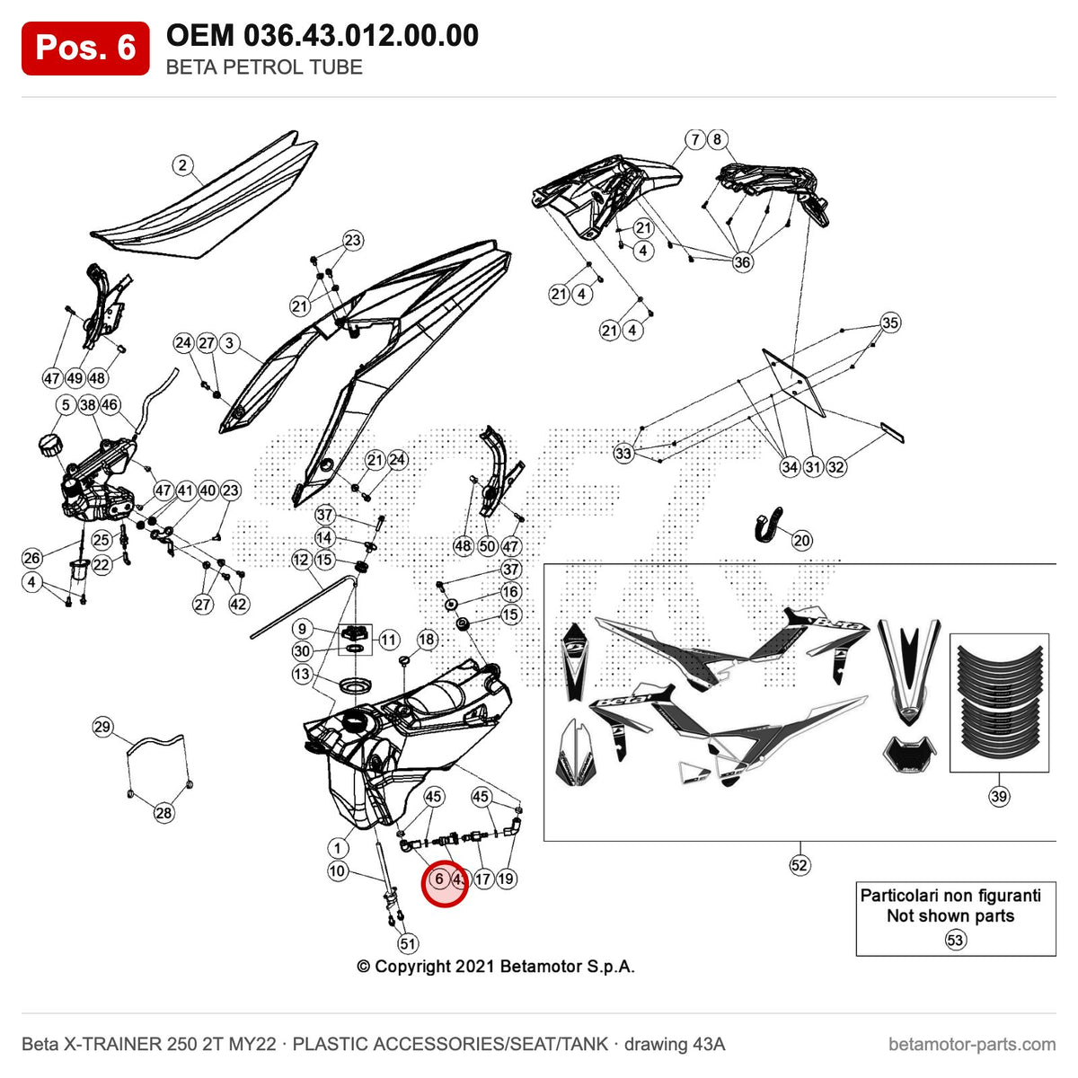 BETA PETROL TUBE – OEM 036.43.012.00.00, position 6 on the Beta X-TRAINER 250 2T MY22 plastic accessories/seat/tank drawing