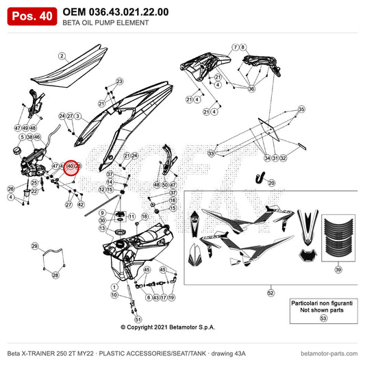 BETA OIL PUMP ELEMENT – OEM 036.43.021.22.00, position 40 on the Beta X-TRAINER 250 2T MY22 plastic accessories/seat/tank drawing