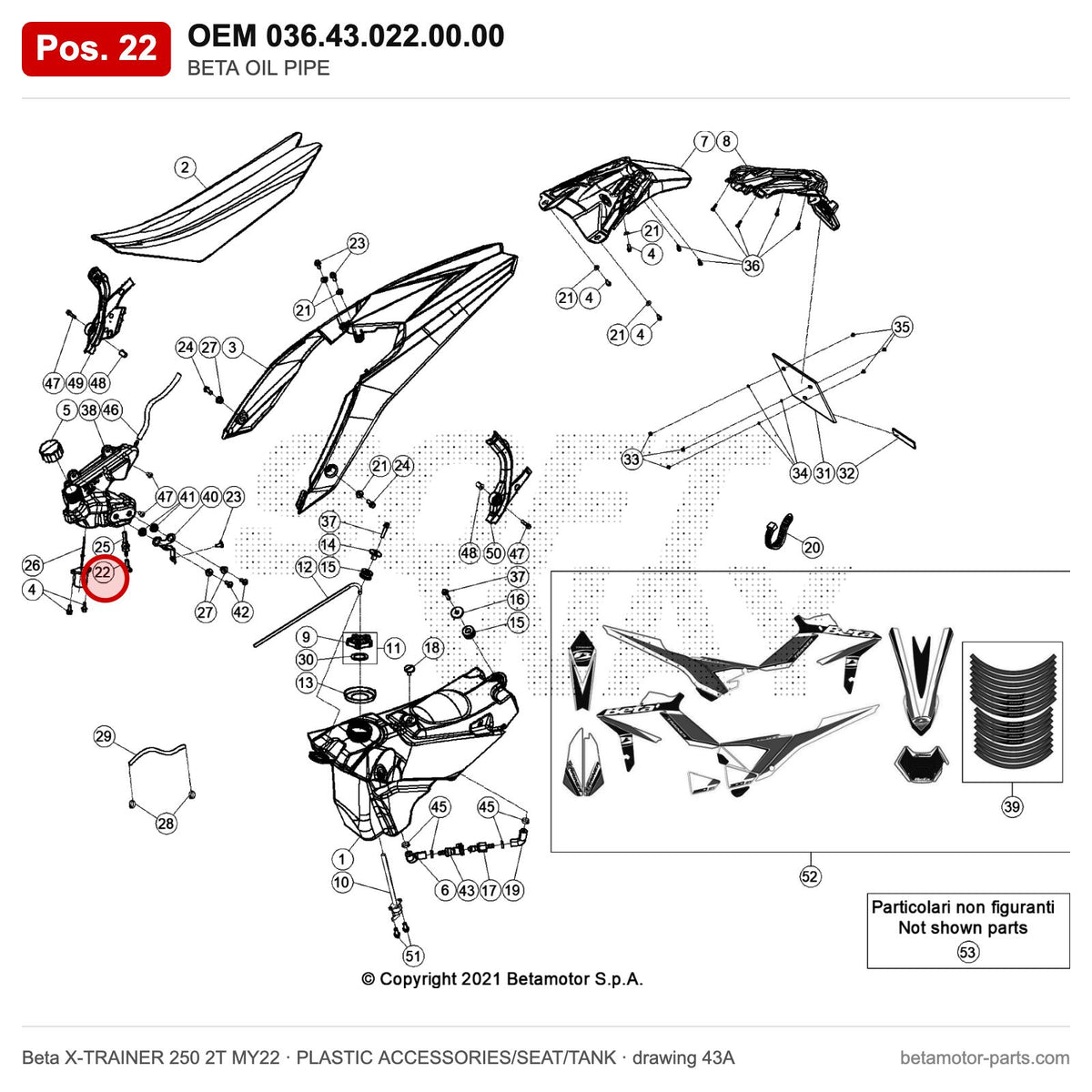 BETA OIL PIPE – OEM 036.43.022.00.00, position 22 on the Beta X-TRAINER 250 2T MY22 plastic accessories/seat/tank drawing