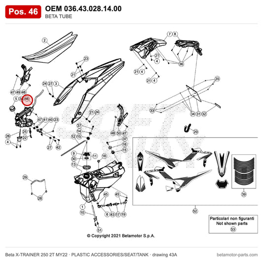 BETA TUBE – OEM 036.43.028.14.00, position 46 on the Beta X-TRAINER 250 2T MY22 plastic accessories/seat/tank drawing