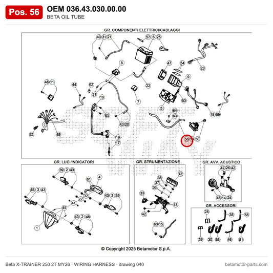 BETA OIL TUBE – OEM 036.43.030.00.00, position 56 on the Beta X-TRAINER 250 2T MY26 wiring harness drawing