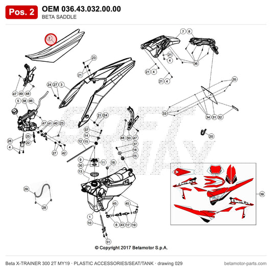 BETA SADDLE – OEM 036.43.032.00.00, position 2 on the Beta X-TRAINER 300 2T MY19 plastic accessories/seat/tank drawing