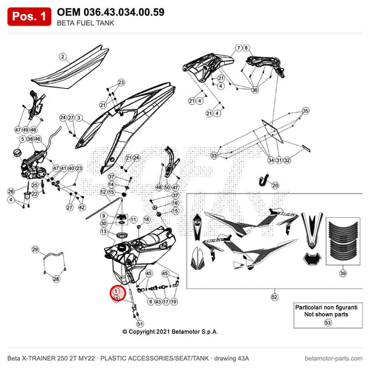 BETA FUEL TANK – OEM 036.43.034.00.59, position 1 on the Beta X-TRAINER 250 2T MY22 plastic accessories/seat/tank drawing