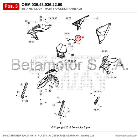 BETA HEADLIGHT MASK BRACKETXTRAINER 2T – OEM 036.43.036.22.00, position 3 on the Beta X-TRAINER 300 2T MY19 plastic accessories/seat/tank drawing