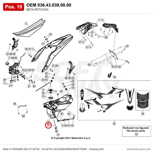 BETA PETCOCK – OEM 036.43.039.00.00, position 10 on the Beta X-TRAINER 250 2T MY22 plastic accessories/seat/tank drawing