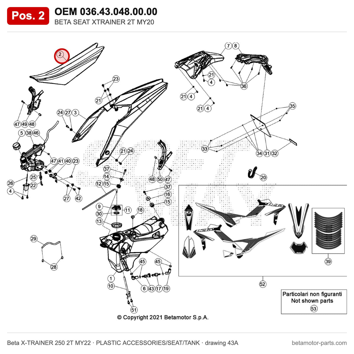 BETA SEAT XTRAINER 2T MY20 – OEM 036.43.048.00.00, position 2 on the Beta X-TRAINER 250 2T MY22 plastic accessories/seat/tank drawing
