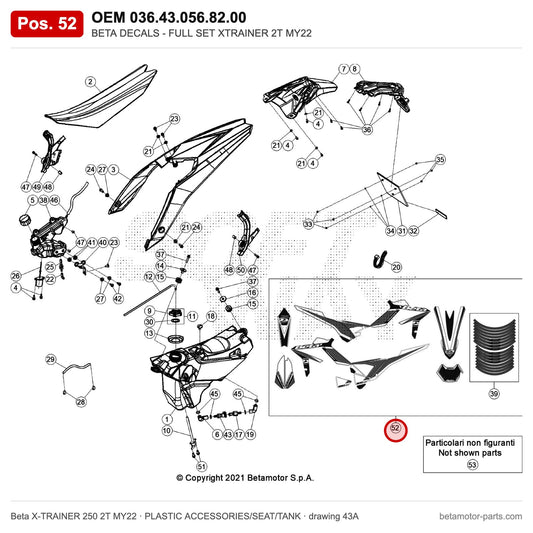 BETA DECALS - FULL SET XTRAINER 2T MY22 – OEM 036.43.056.82.00, position 52 on the Beta X-TRAINER 250 2T MY22 plastic accessories/seat/tank drawing