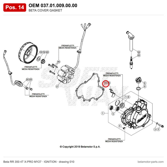 BETA COVER GASKET – OEM 037.01.009.00.00, position 14 on the Beta RR 350 4T X-PRO MY27 ignition drawing