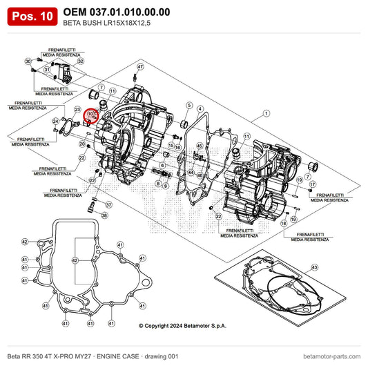 BETA BUSH LR15X18X12,5 – OEM 037.01.010.00.00, position 10 on the Beta RR 350 4T X-PRO MY27 engine case drawing