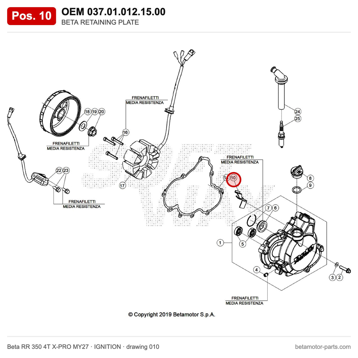BETA RETAINING PLATE – OEM 037.01.012.15.00, position 10 on the Beta RR 350 4T X-PRO MY27 ignition drawing