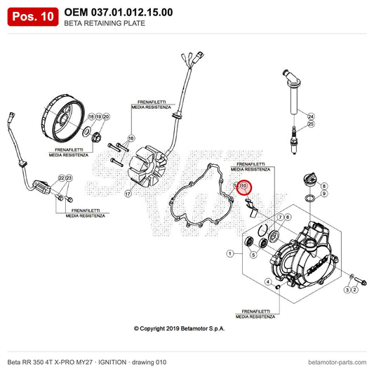 BETA RETAINING PLATE – OEM 037.01.012.15.00, position 10 on the Beta RR 350 4T X-PRO MY27 ignition drawing