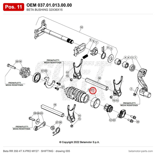 BETA BUSHING 32X36X15 – OEM 037.01.013.00.00, position 11 on the Beta RR 350 4T X-PRO MY27 shifting drawing