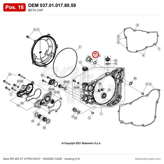 BETA CAP – OEM 037.01.017.80.59, position 16 on the Beta RR 250 2T X-PRO MY27 engine case drawing