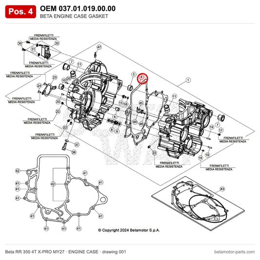 BETA ENGINE CASE GASKET – OEM 037.01.019.00.00, position 4 on the Beta RR 350 4T X-PRO MY27 engine case drawing