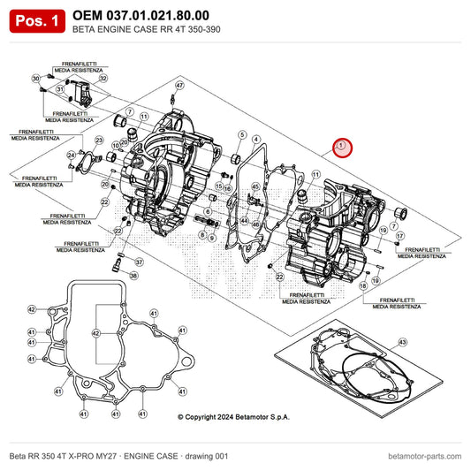 BETA ENGINE CASE RR 4T 350-390 – OEM 037.01.021.80.00, position 1 on the Beta RR 350 4T X-PRO MY27 engine case drawing