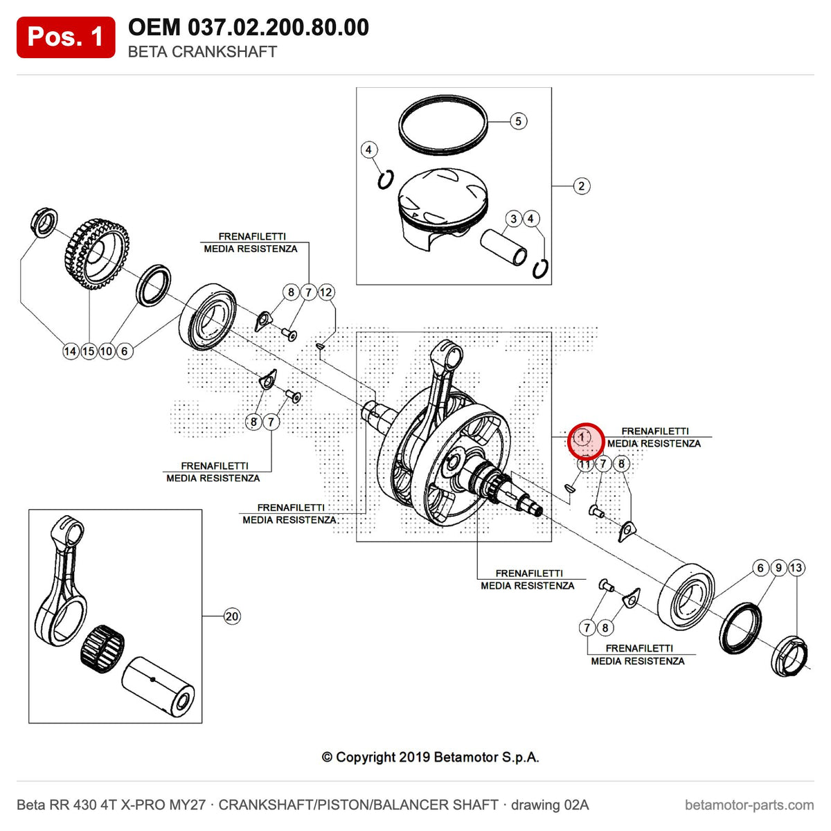 BETA CRANKSHAFT – OEM 037.02.200.80.00, position 1 on the Beta RR 430 4T X-PRO MY27 crankshaft/piston/balancer shaft drawing