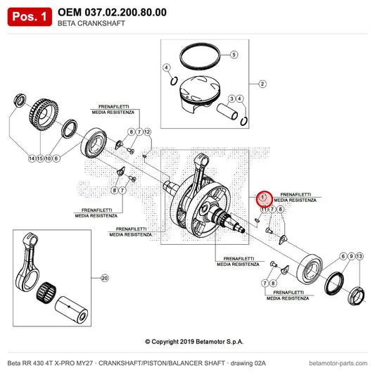 BETA CRANKSHAFT – OEM 037.02.200.80.00, position 1 on the Beta RR 430 4T X-PRO MY27 crankshaft/piston/balancer shaft drawing