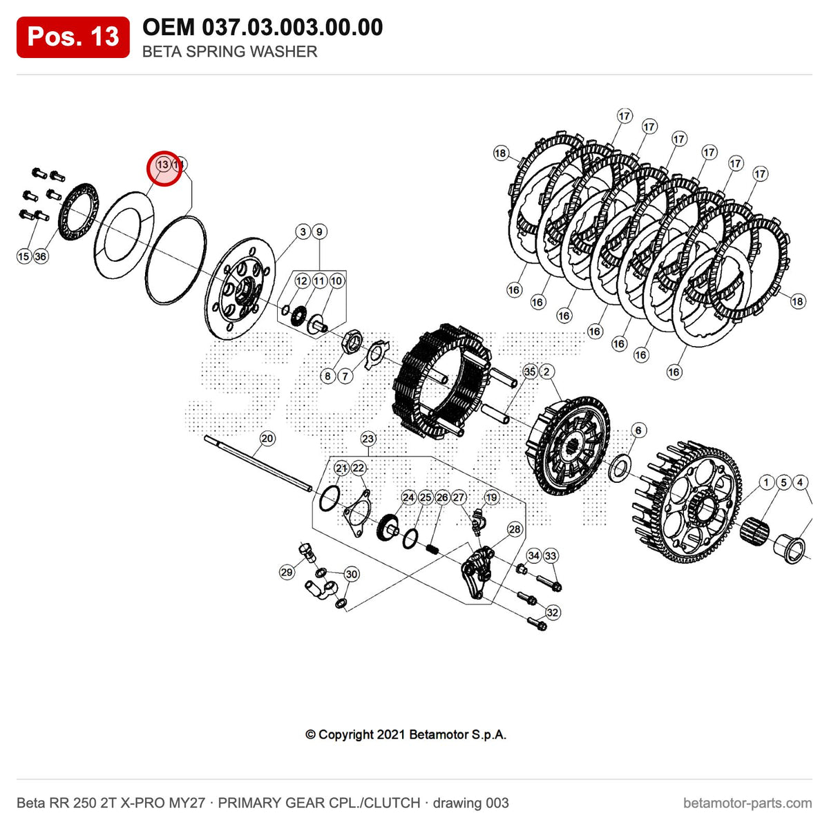 BETA SPRING WASHER – OEM 037.03.003.00.00, position 13 on the Beta RR 250 2T X-PRO MY27 primary gear cpl./clutch drawing