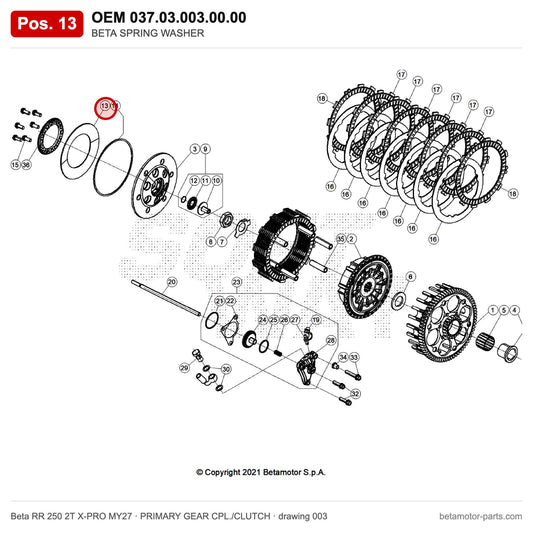 BETA SPRING WASHER – OEM 037.03.003.00.00, position 13 on the Beta RR 250 2T X-PRO MY27 primary gear cpl./clutch drawing