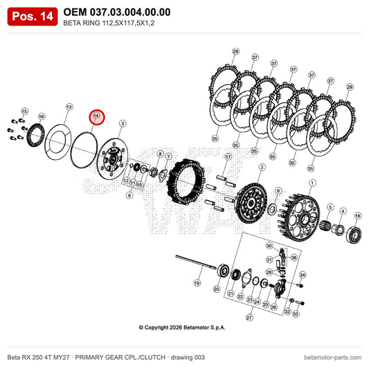BETA RING 112,5X117,5X1,2 – OEM 037.03.004.00.00, position 14 on the Beta RX 250 4T MY27 primary gear cpl./clutch drawing
