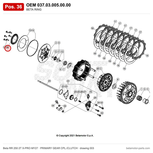 BETA RING – OEM 037.03.005.00.00, position 36 on the Beta RR 250 2T X-PRO MY27 primary gear cpl./clutch drawing