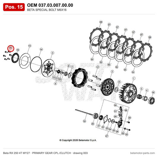 BETA SPECIAL BOLT M6X16 – OEM 037.03.007.00.00, position 15 on the Beta RX 250 4T MY27 primary gear cpl./clutch drawing
