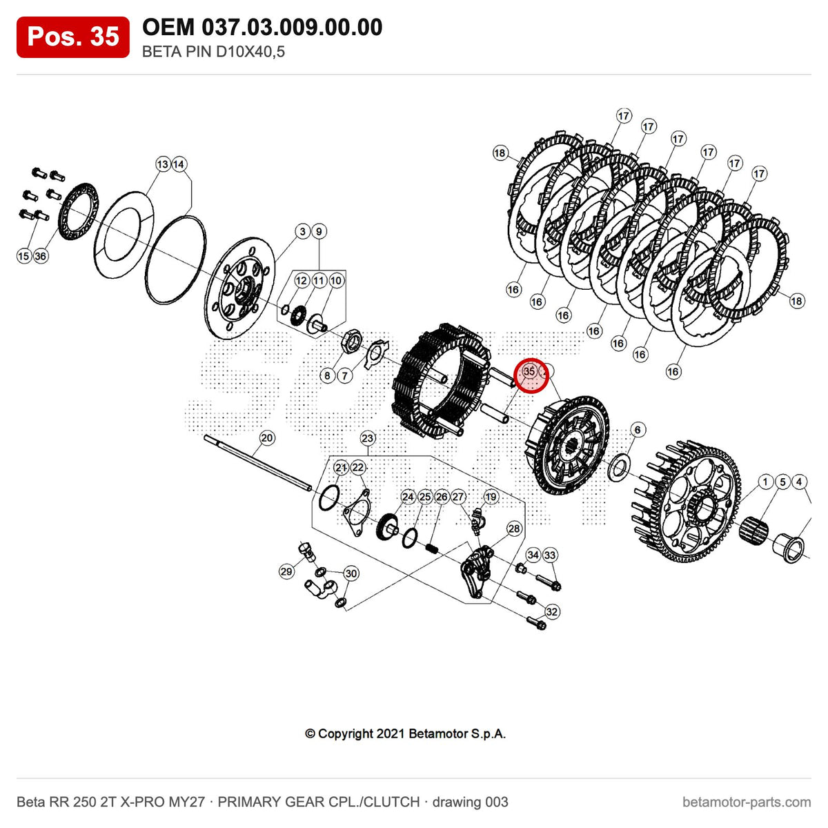 BETA PIN D10X40,5 – OEM 037.03.009.00.00, position 35 on the Beta RR 250 2T X-PRO MY27 primary gear cpl./clutch drawing