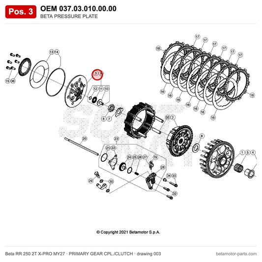 BETA PRESSURE PLATE – OEM 037.03.010.00.00, position 3 on the Beta RR 250 2T X-PRO MY27 primary gear cpl./clutch drawing