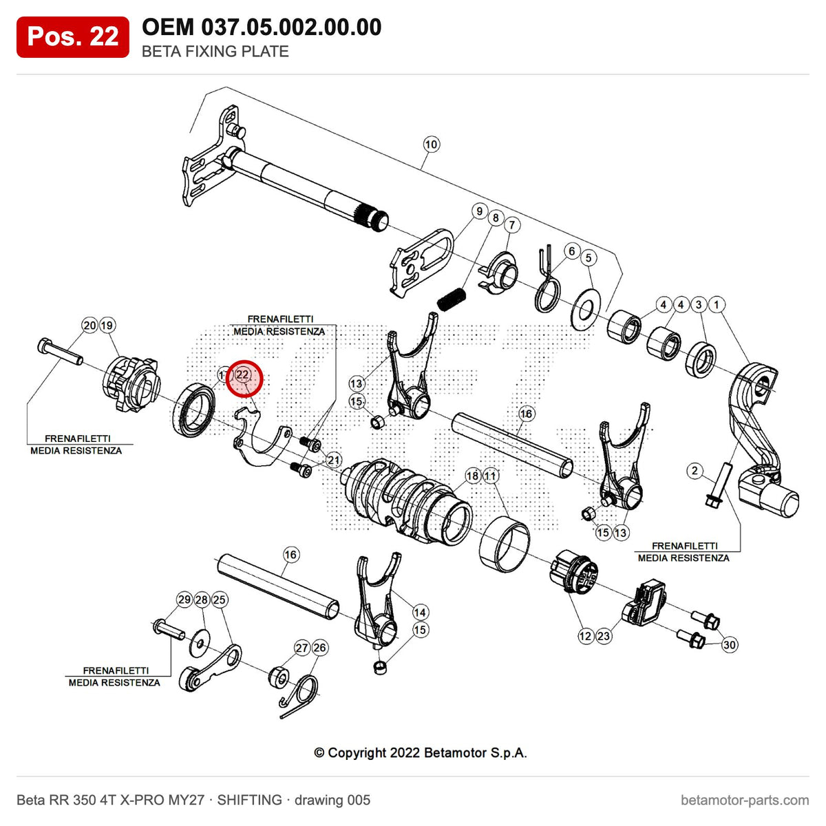 BETA FIXING PLATE – OEM 037.05.002.00.00, position 22 on the Beta RR 350 4T X-PRO MY27 shifting drawing