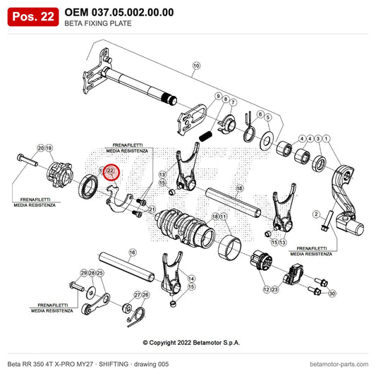 BETA FIXING PLATE – OEM 037.05.002.00.00, position 22 on the Beta RR 350 4T X-PRO MY27 shifting drawing