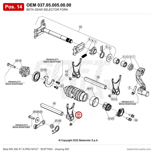BETA GEAR SELECTOR FORK – OEM 037.05.005.00.00, position 14 on the Beta RR 350 4T X-PRO MY27 shifting drawing