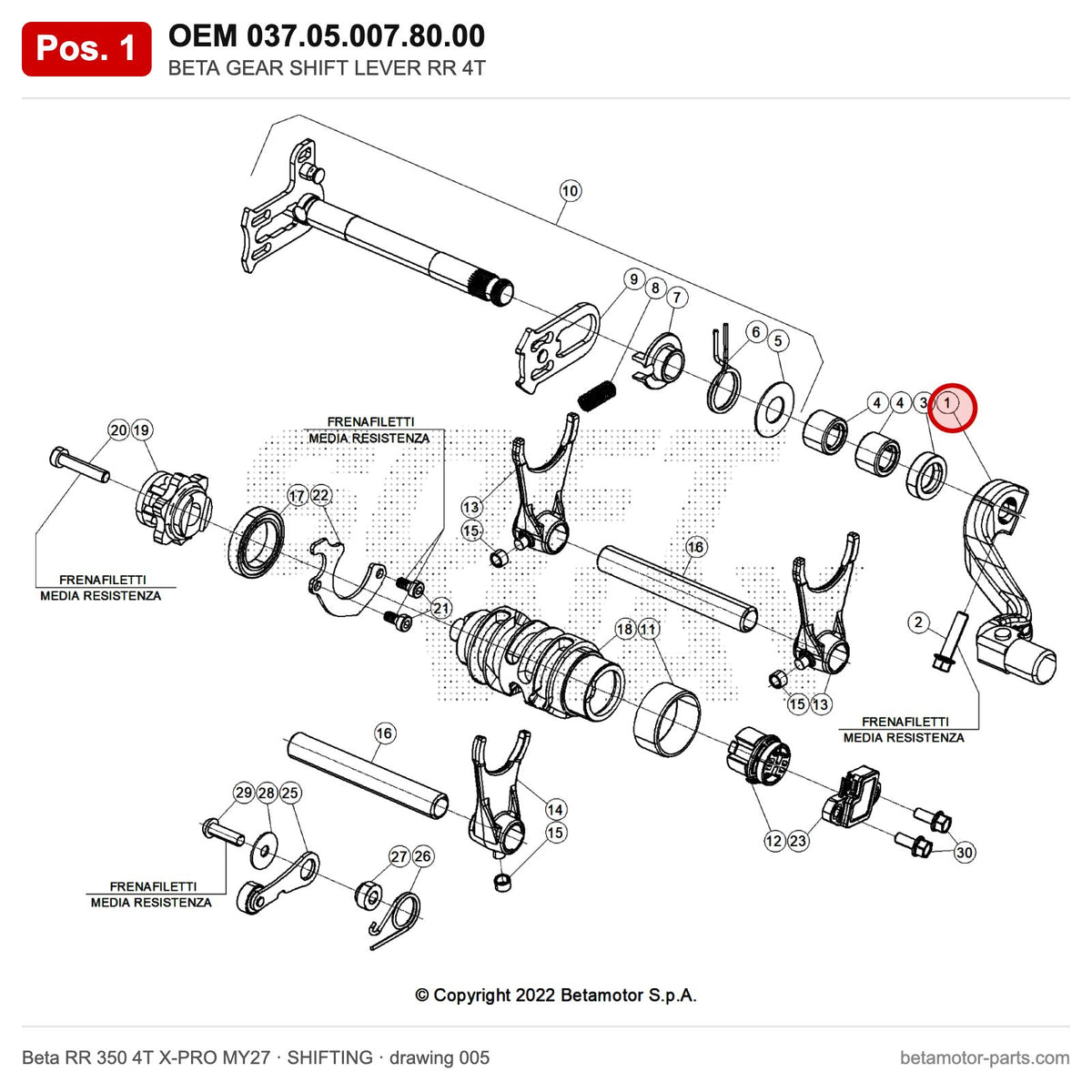 BETA GEAR SHIFT LEVER RR 4T – OEM 037.05.007.80.00, position 1 on the Beta RR 350 4T X-PRO MY27 shifting drawing