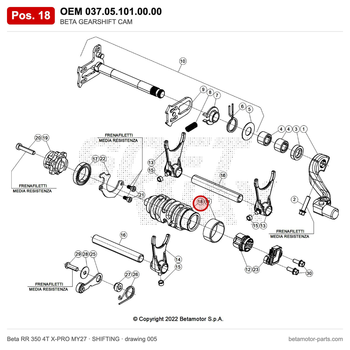 BETA GEARSHIFT CAM – OEM 037.05.101.00.00, position 18 on the Beta RR 350 4T X-PRO MY27 shifting drawing