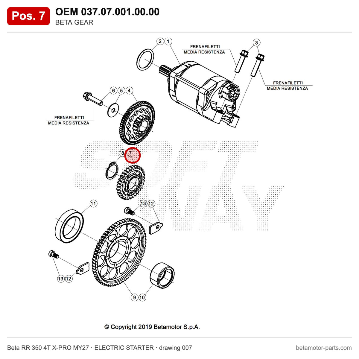 BETA GEAR – OEM 037.07.001.00.00, position 7 on the Beta RR 350 4T X-PRO MY27 elettricstarter drawing